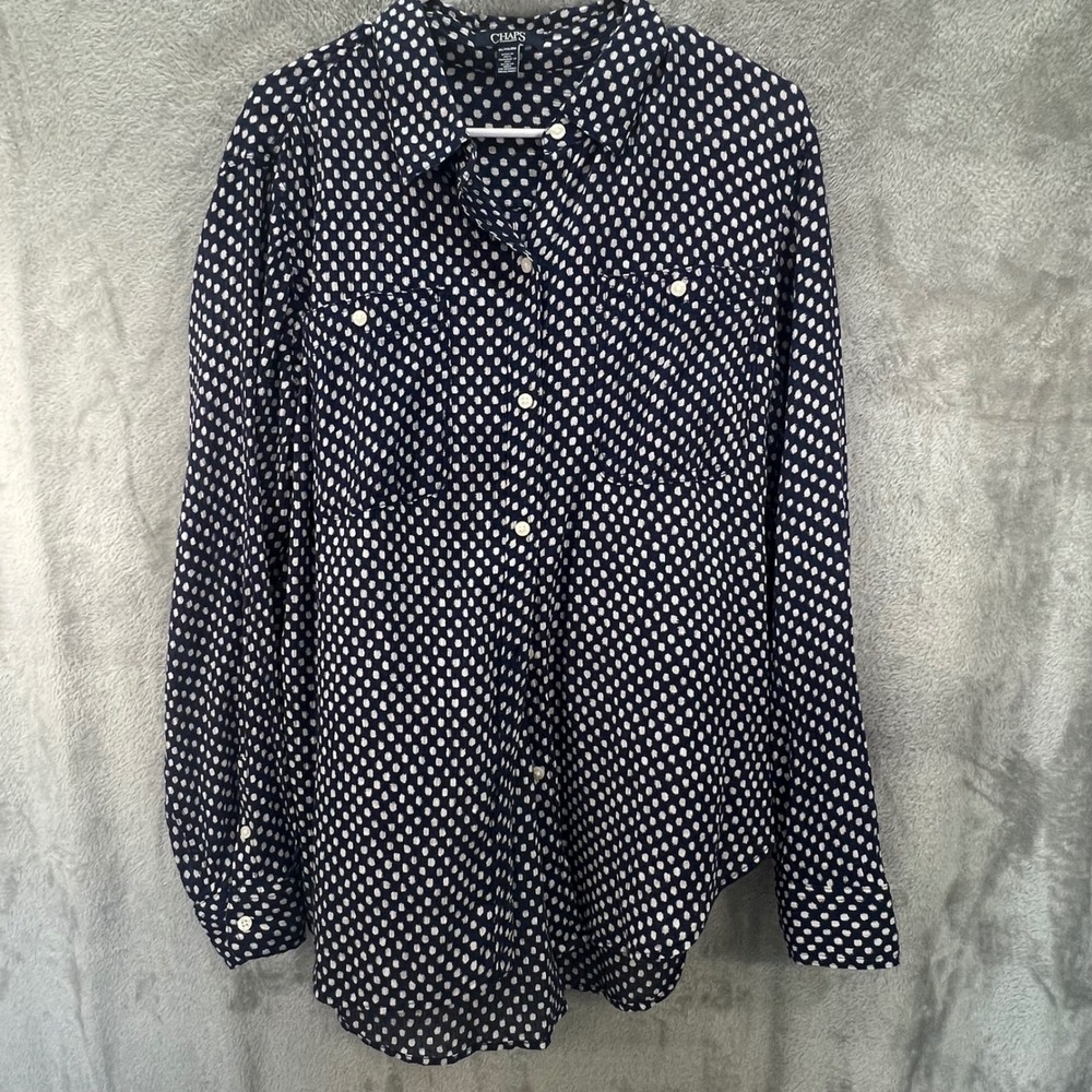 Chaps XXL Navy Blue White Polka Dot Nautical Preppy Summer Casual Long‎ Sleeve